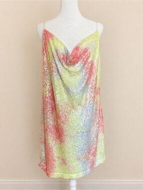 Eloquii Pastel Sequin Cowl Neck Slip Dress - Pink, Yellow, Silver
